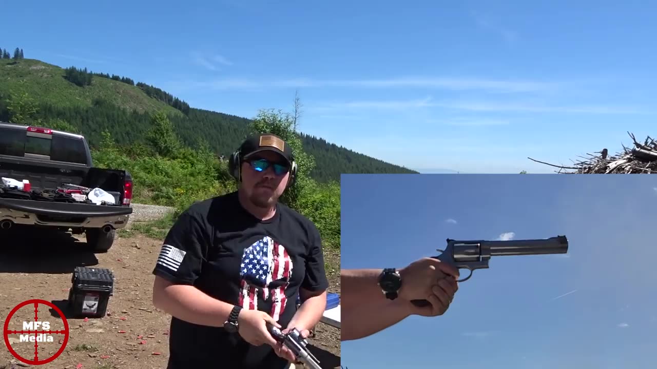 Jonah reloading the 460XVR at the range, with a slow-motion inset of the revolver at the moment of firing