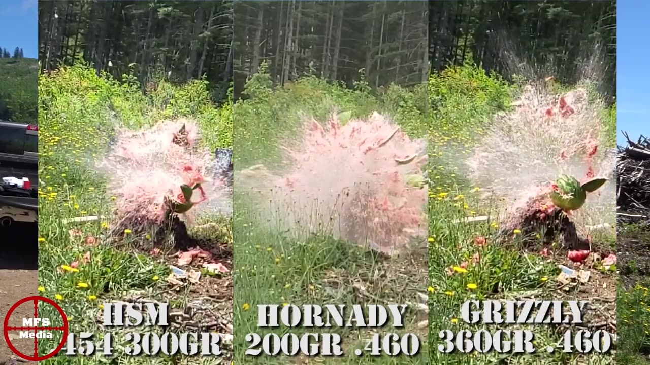 The same three watermelons a split second later, all three blown apart into pink spray